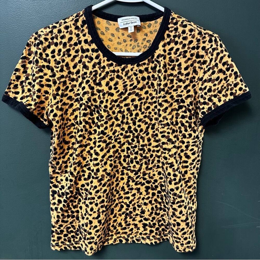 & Other Stories Leopard Print Baby Tee Womens 6 Short Sleeve Cotton Ringer Shirt